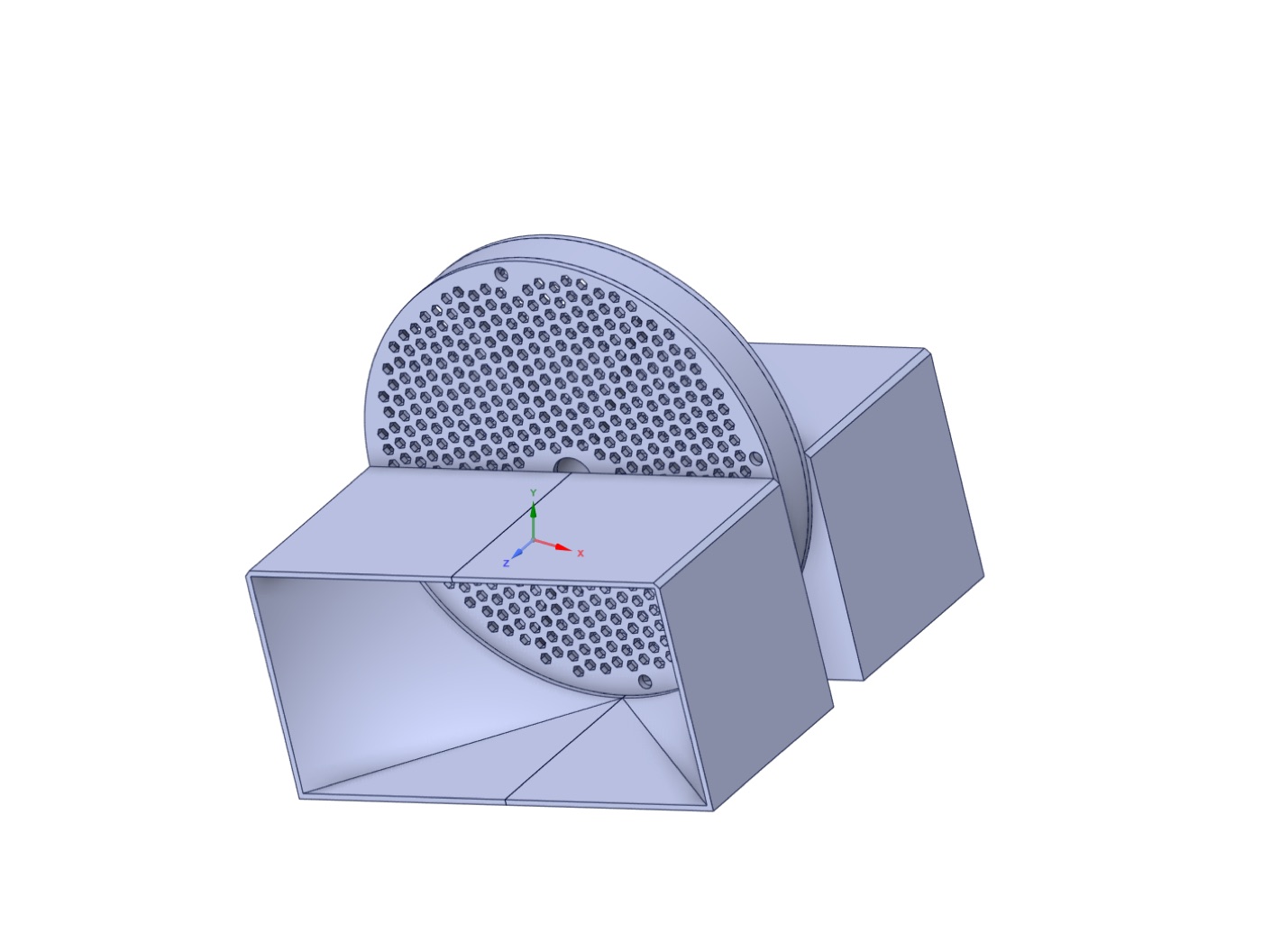 Sectioned CAD assembly showing the wheel's honeycomb internal structure inside the duct fluid volume used for the CFD model.