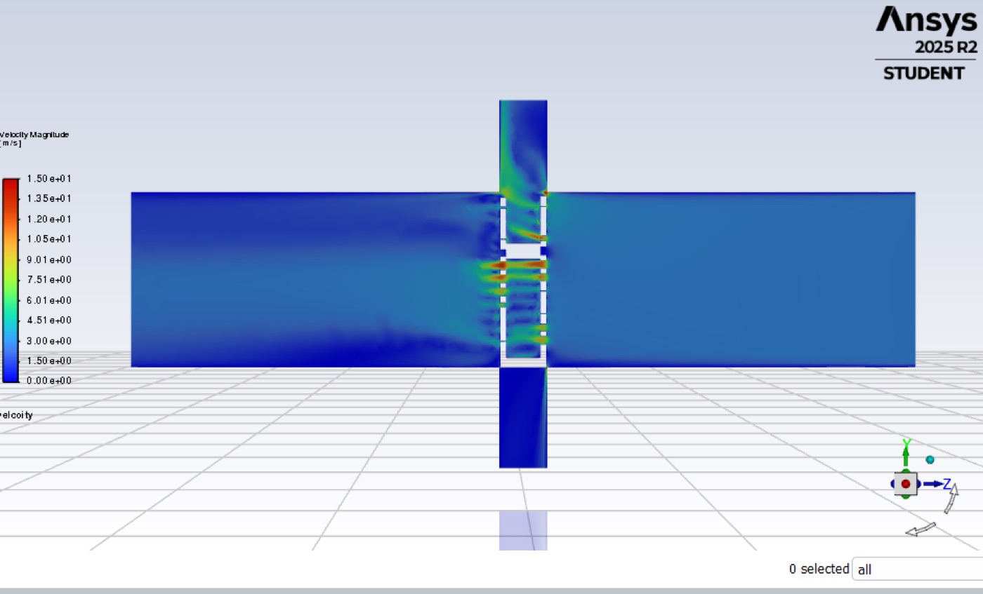 Velocity magnitude contour plot through the duct and wheel gap at the tightest clearance.