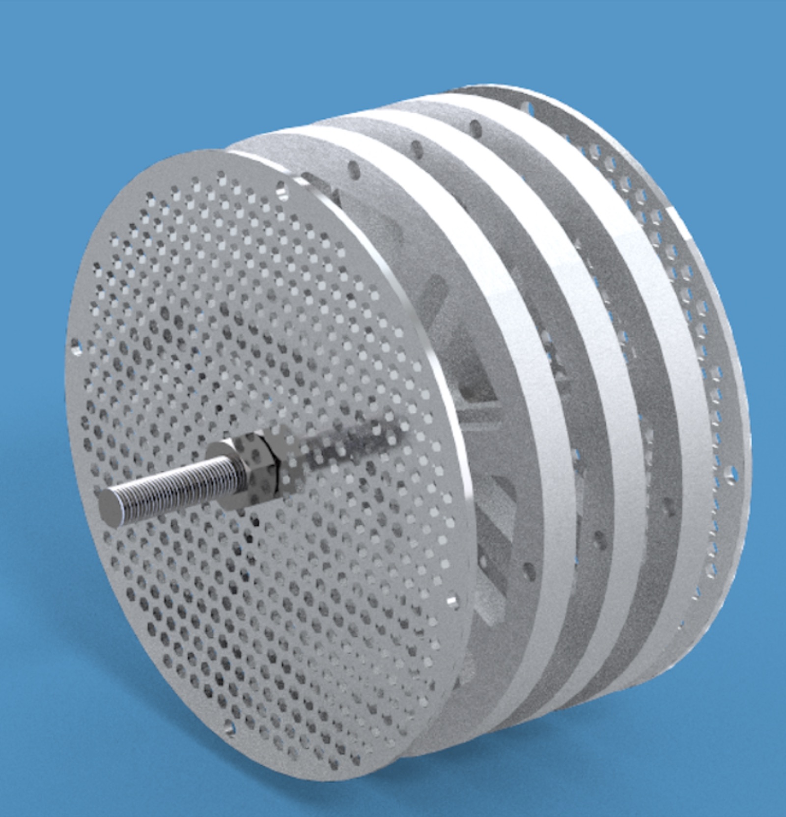 CAD render of the desiccant wheel: a perforated honeycomb disc inside a rectangular duct, with a narrow gap between the rotating wheel and the stationary housing.