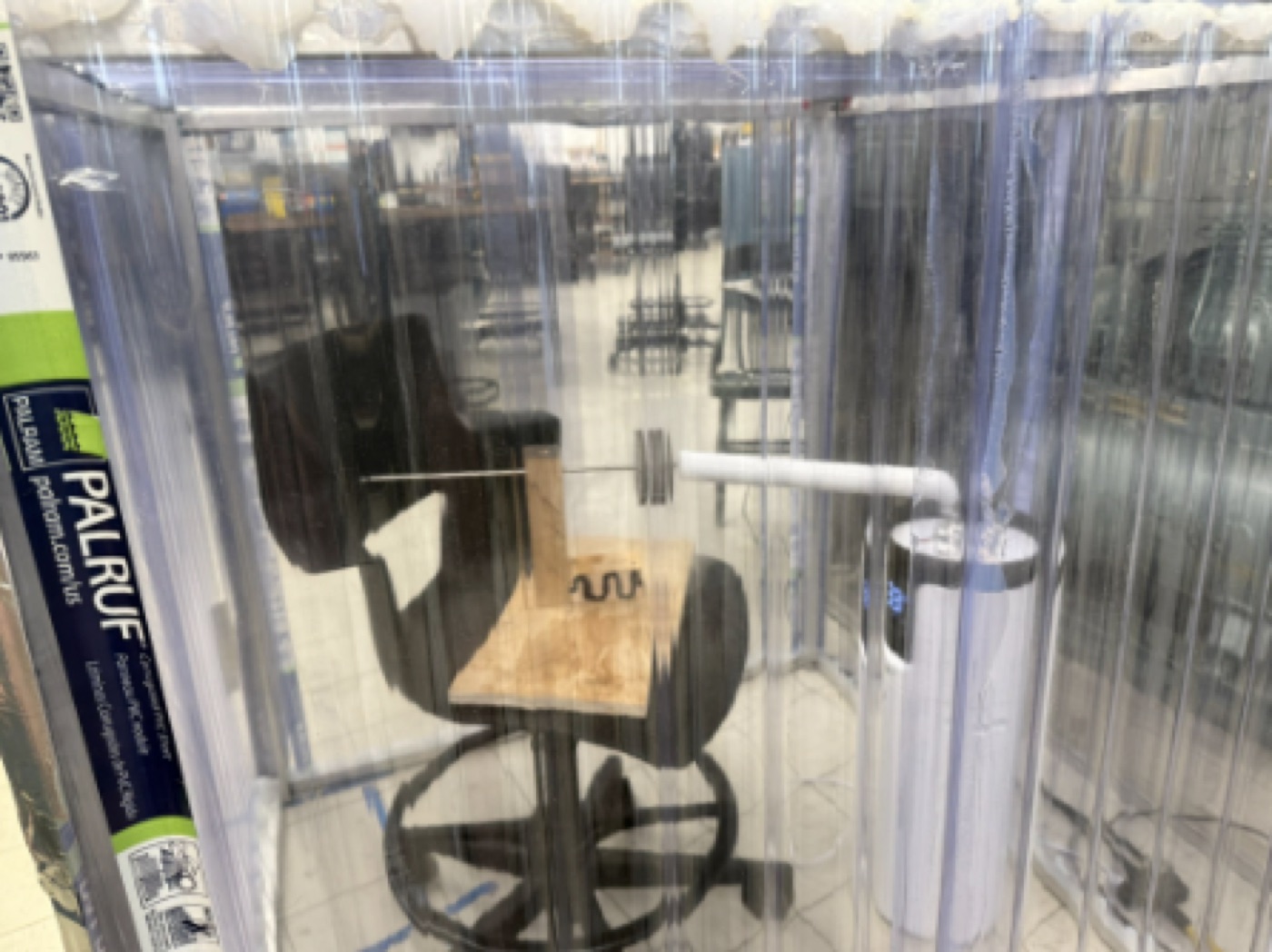 The 4x4x4 foot humidity test chamber built from corrugated plastic panels on an aluminum frame.