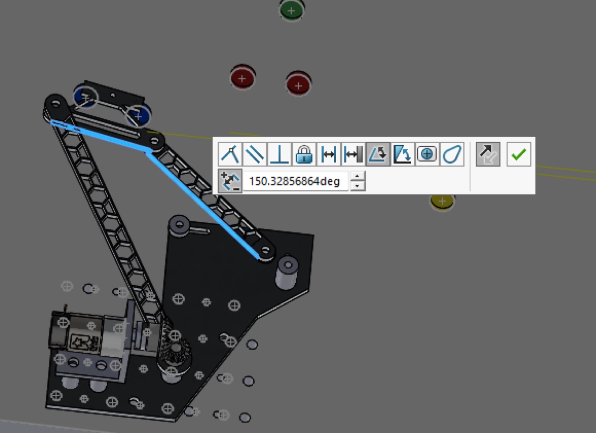 SolidWorks measurement showing a transmission angle of 150.3 degrees at one extreme of the linkage's travel.