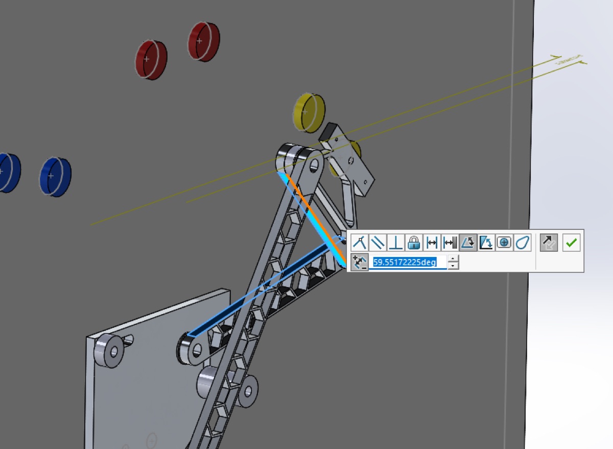 SolidWorks measurement showing a transmission angle of 59.6 degrees at the other extreme of the linkage's travel.